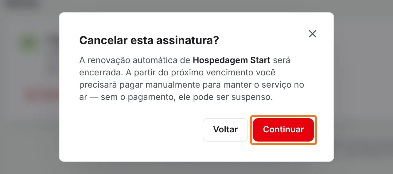 Janela Cancelar esta assinatura com o botão Continuar destacado