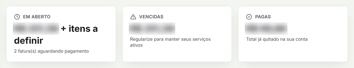 Totais de faturas em aberto, vencidas e pagas