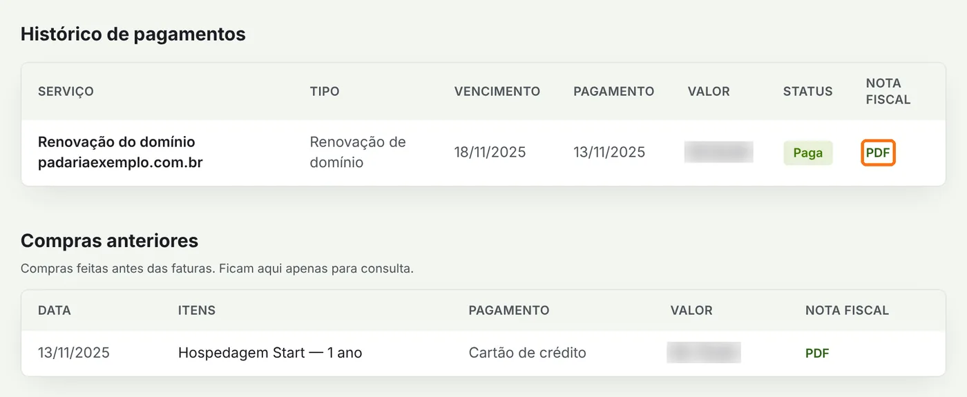 Histórico de pagamentos com o link PDF da nota fiscal destacado