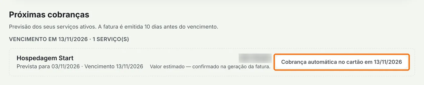 Próximas cobranças com o aviso de cobrança automática no cartão destacado