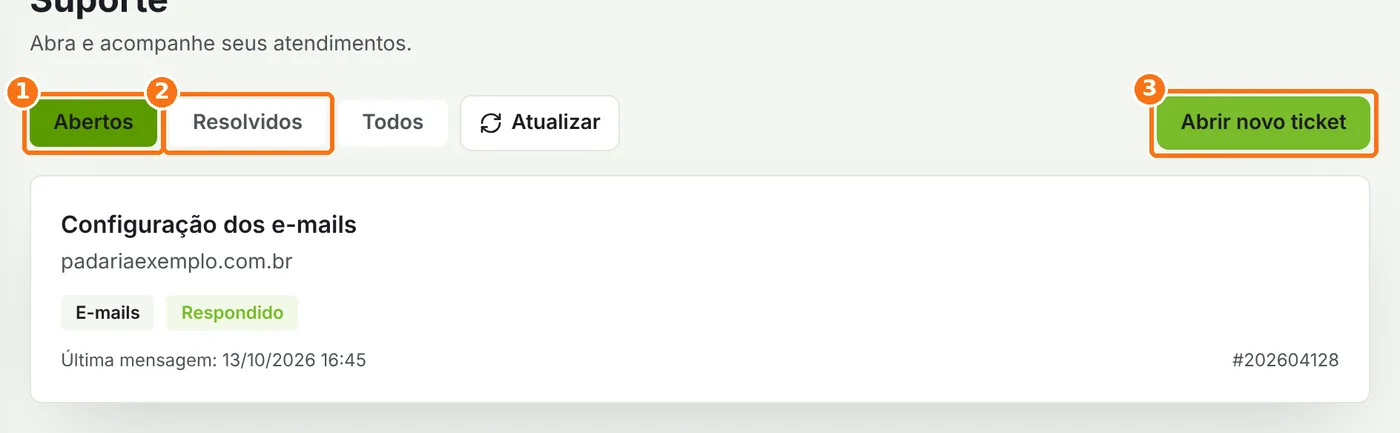 Lista de chamados com os filtros Abertos e Resolvidos e o botão Abrir novo ticket destacados