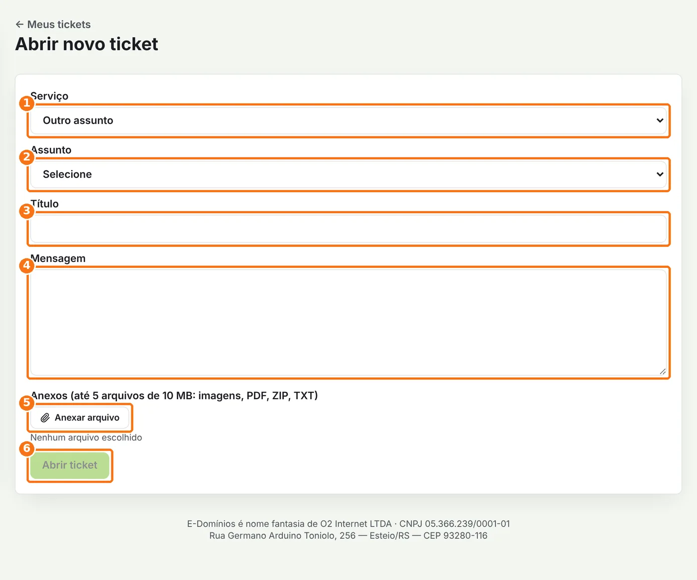 Formulário de novo ticket com serviço, assunto, título, mensagem, anexos e o botão Abrir ticket destacados