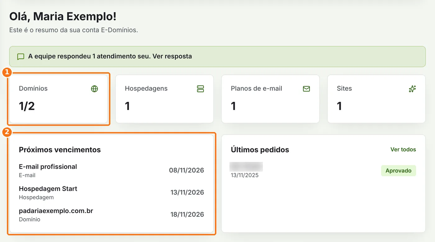 Resumo da conta com os contadores e os próximos vencimentos destacados