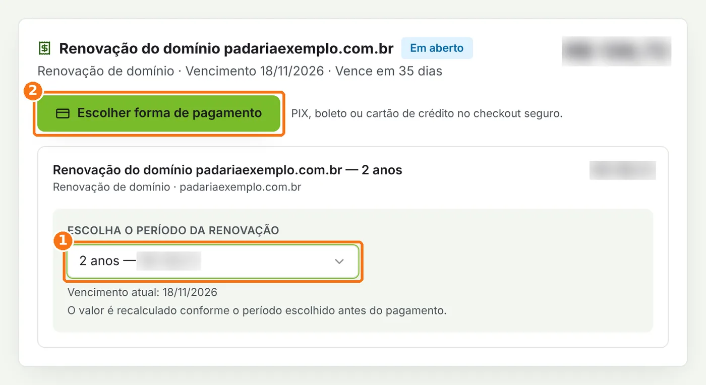 Fatura com o período de 2 anos confirmado e o botão Escolher forma de pagamento destacados