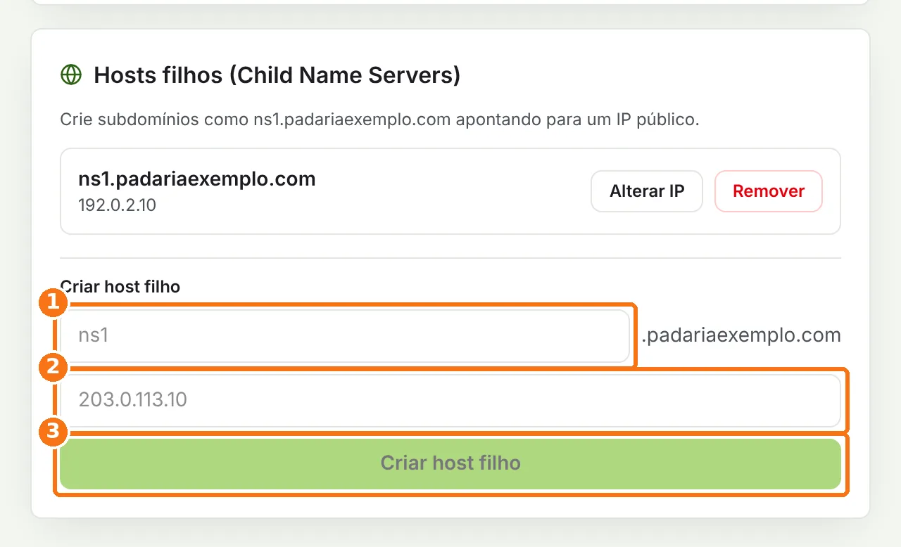 Quadro Hosts filhos com os campos de nome e IP e o botão Criar host filho destacados