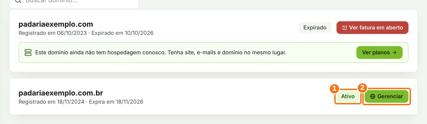 Lista de domínios do painel com a situação Ativo e o botão Gerenciar destacados