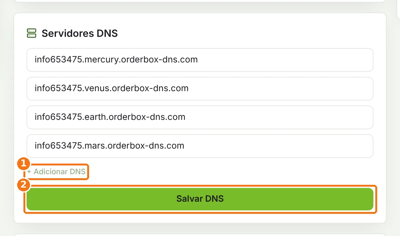 Quadro Servidores DNS com os botões Adicionar DNS e Salvar DNS destacados