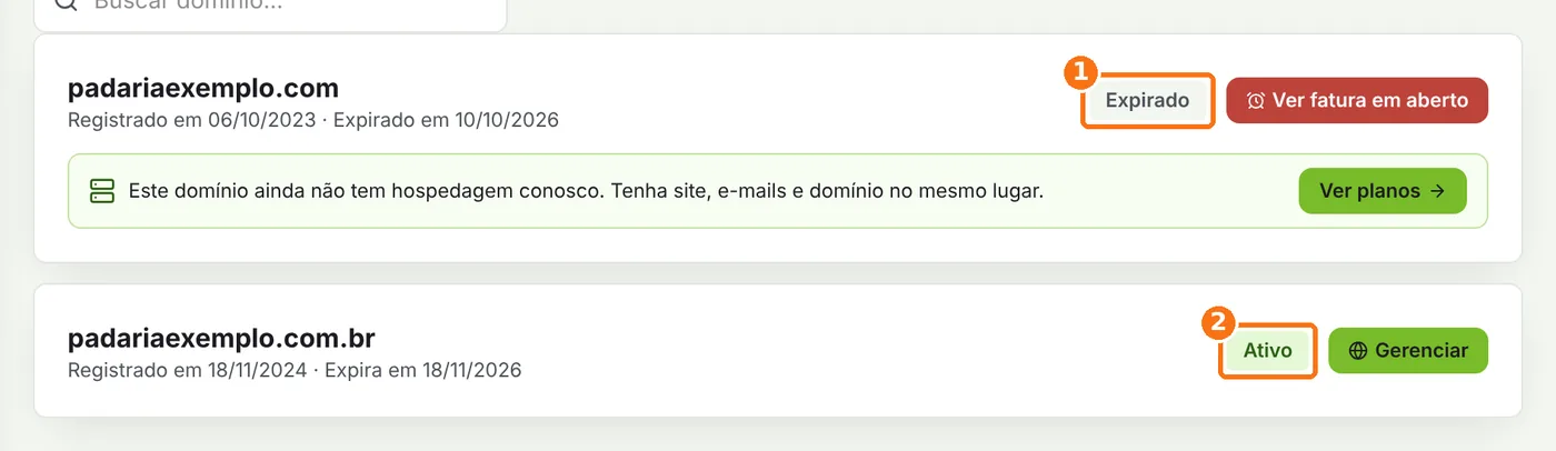 Dois domínios na lista: um com a situação Expirado e outro com a situação Ativo
