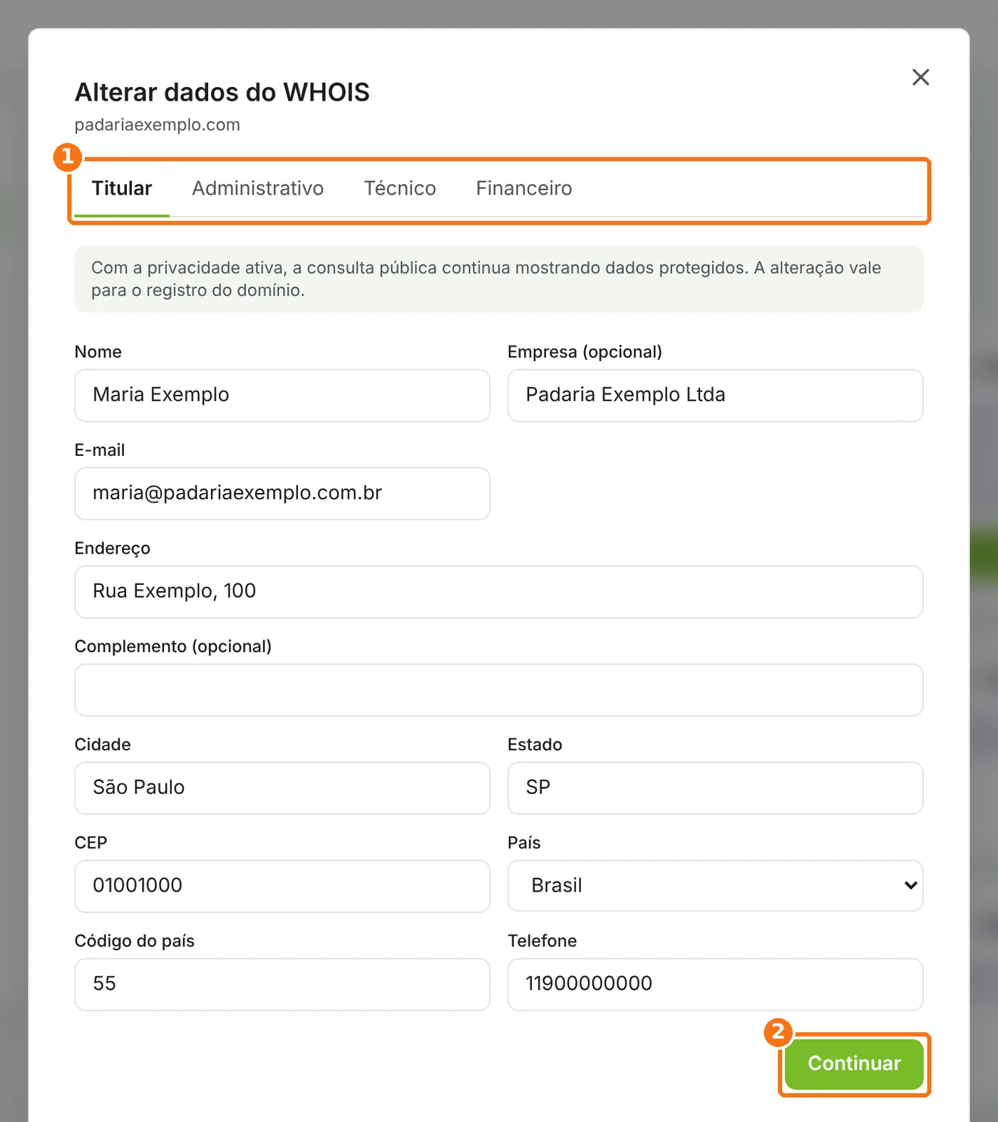 Janela Alterar dados do WHOIS com as abas de contato e o botão Continuar destacados