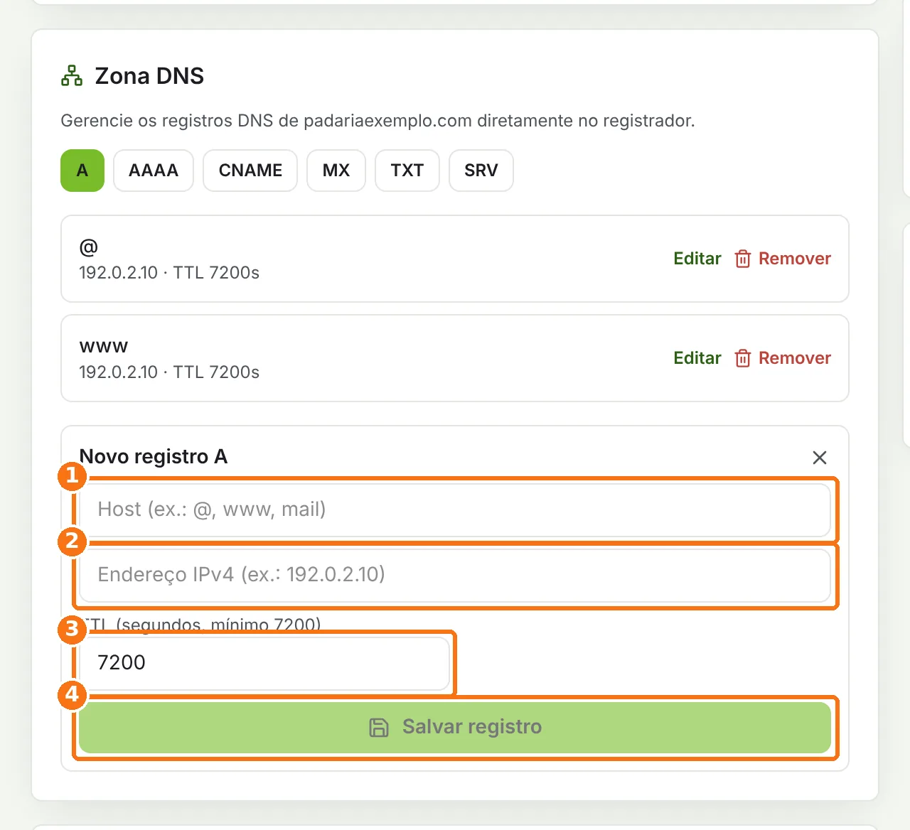 Formulário de novo registro A com os campos Host, Endereço IPv4, TTL e o botão Salvar registro destacados