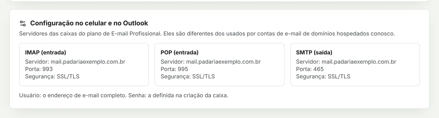 Quadro com os servidores IMAP, POP e SMTP do e-mail profissional