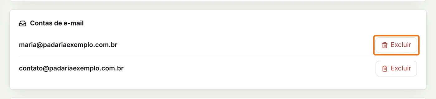 Quadro Contas de e-mail com o botão Excluir destacado
