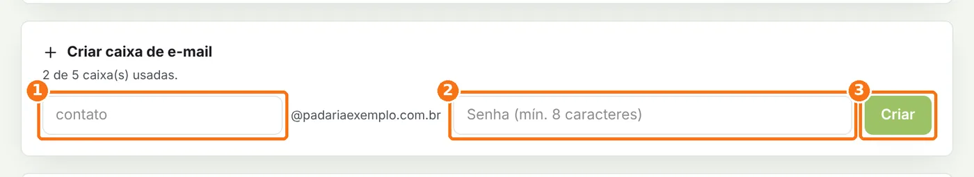 Formulário Criar caixa de e-mail com nome, senha e o botão Criar destacados