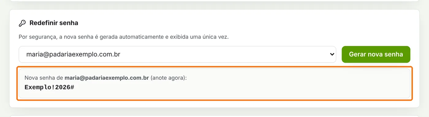 Nova senha gerada exibida abaixo do botão Gerar nova senha