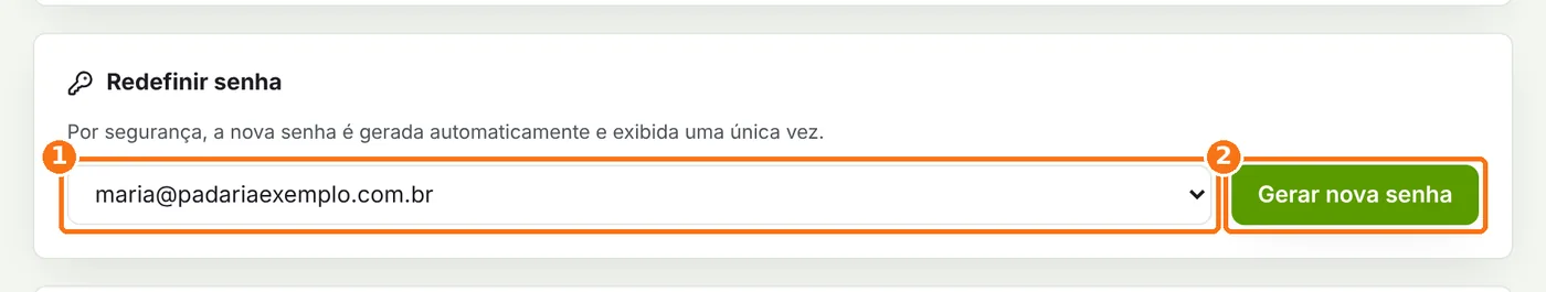 Quadro Redefinir senha com a escolha da caixa e o botão Gerar nova senha destacados