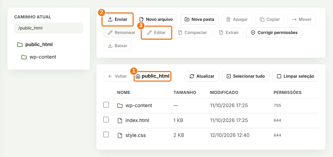 Gestor de arquivos com a pasta public_html e os botões Enviar e Editar destacados
