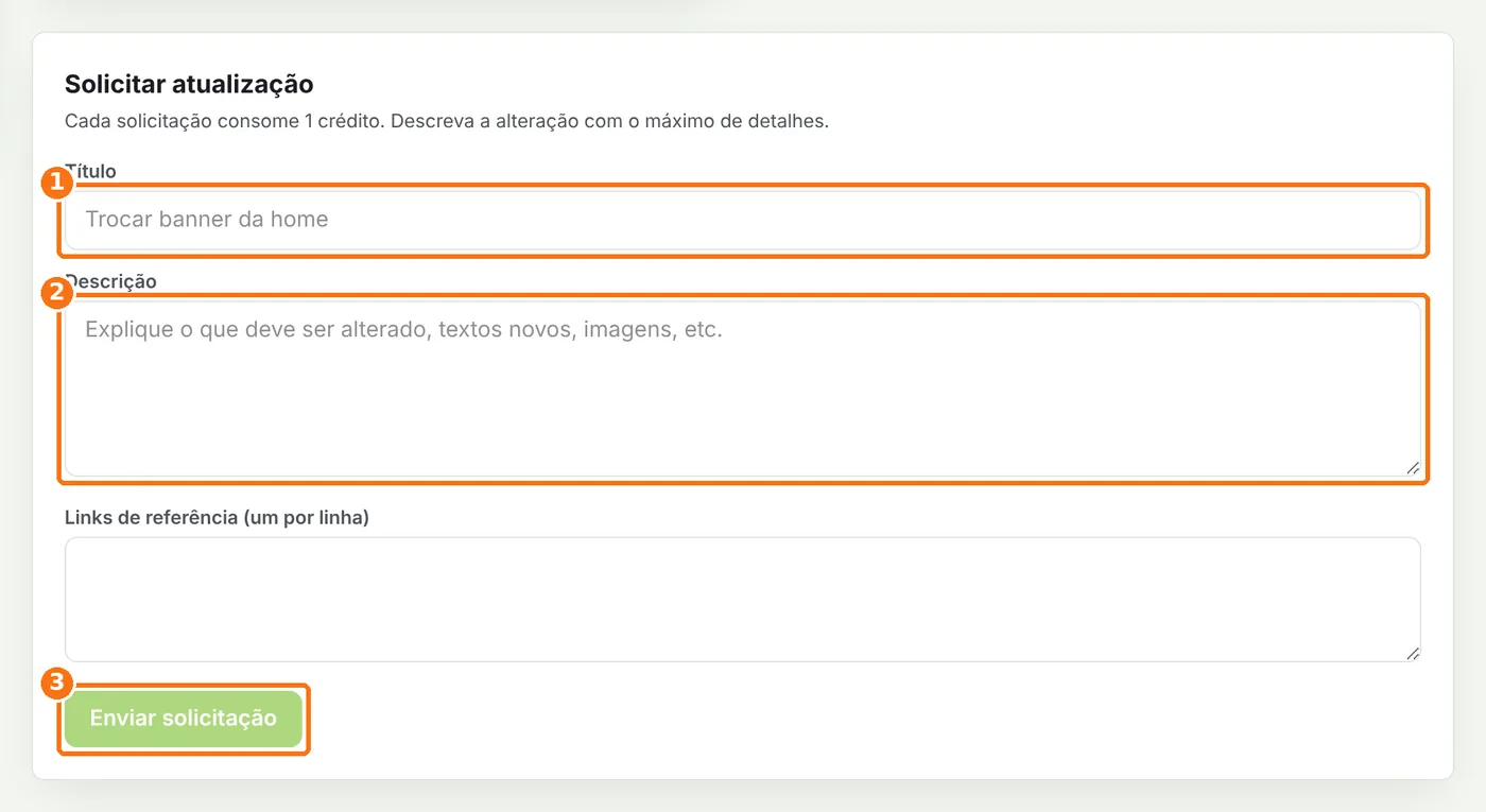 Formulário Solicitar atualização com título, descrição e o botão Enviar solicitação destacados
