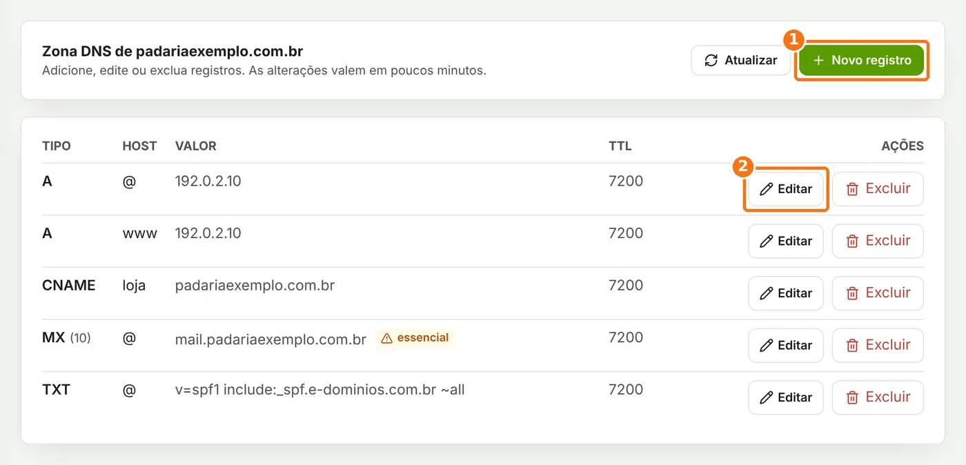 Tabela da zona DNS com os botões Novo registro e Editar destacados