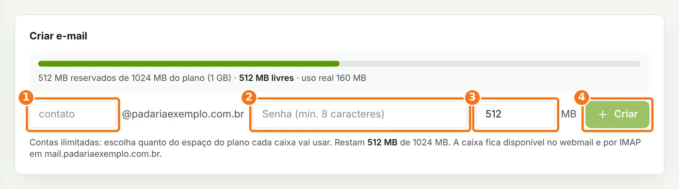 Formulário Criar e-mail com nome, senha, espaço e o botão Criar destacados