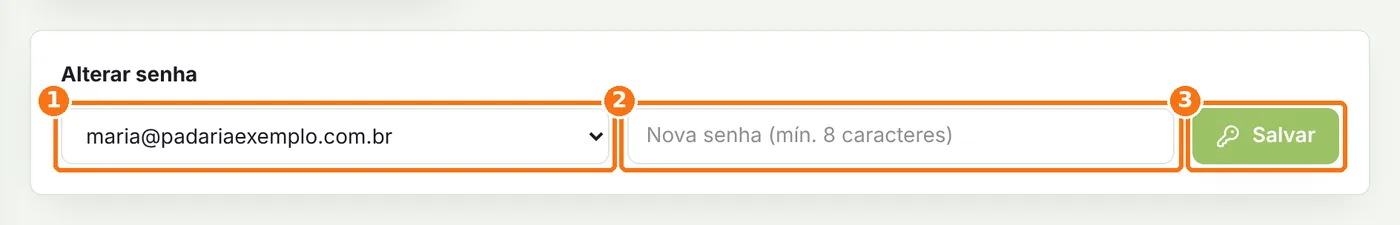 Formulário Alterar senha com a caixa, a nova senha e o botão Salvar destacados