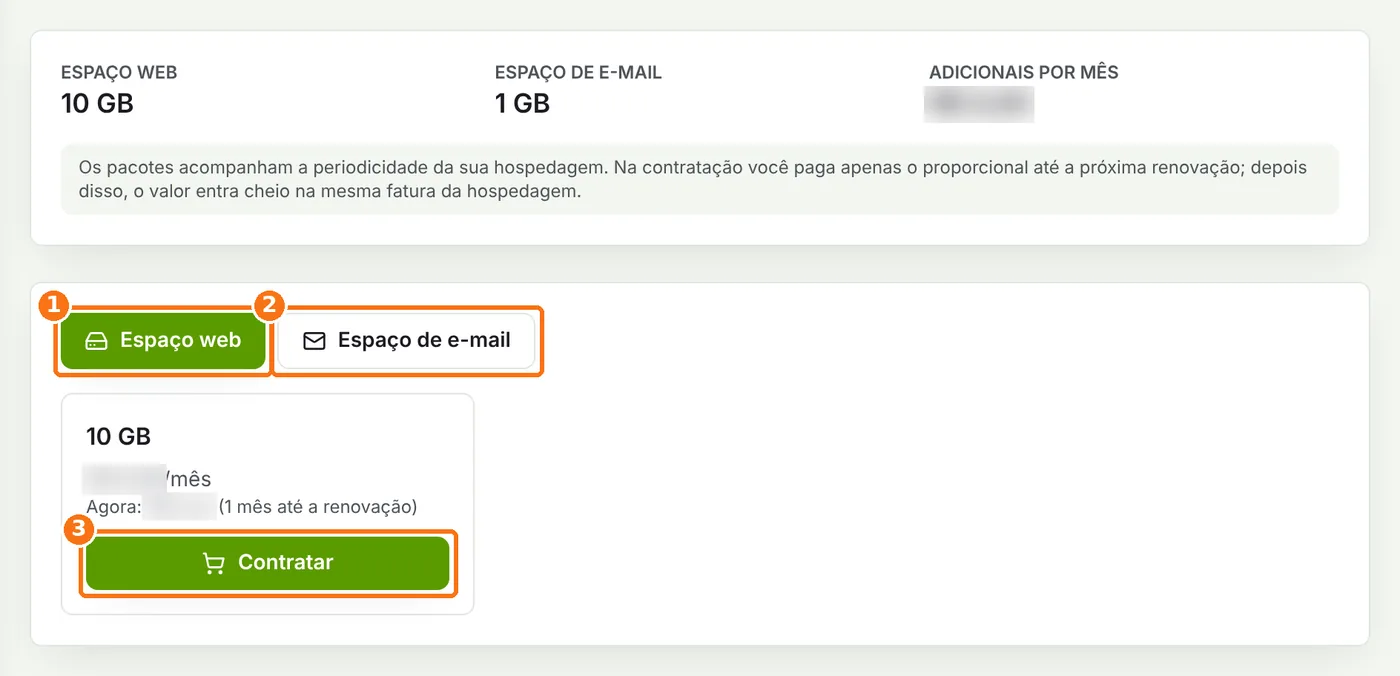Página Espaço adicional com as abas Espaço web e Espaço de e-mail e o botão Contratar destacados