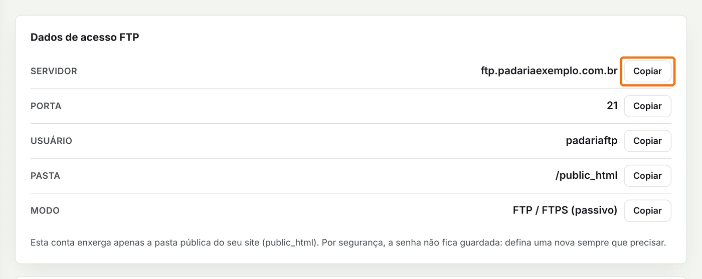 Quadro Dados de acesso FTP com o botão Copiar destacado