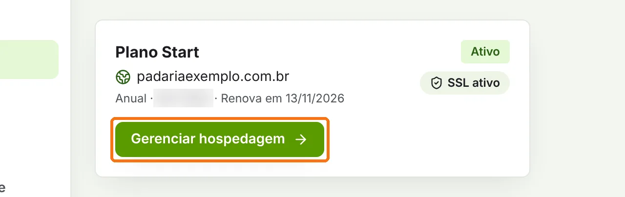Cartão do plano de hospedagem com o botão Gerenciar hospedagem destacado