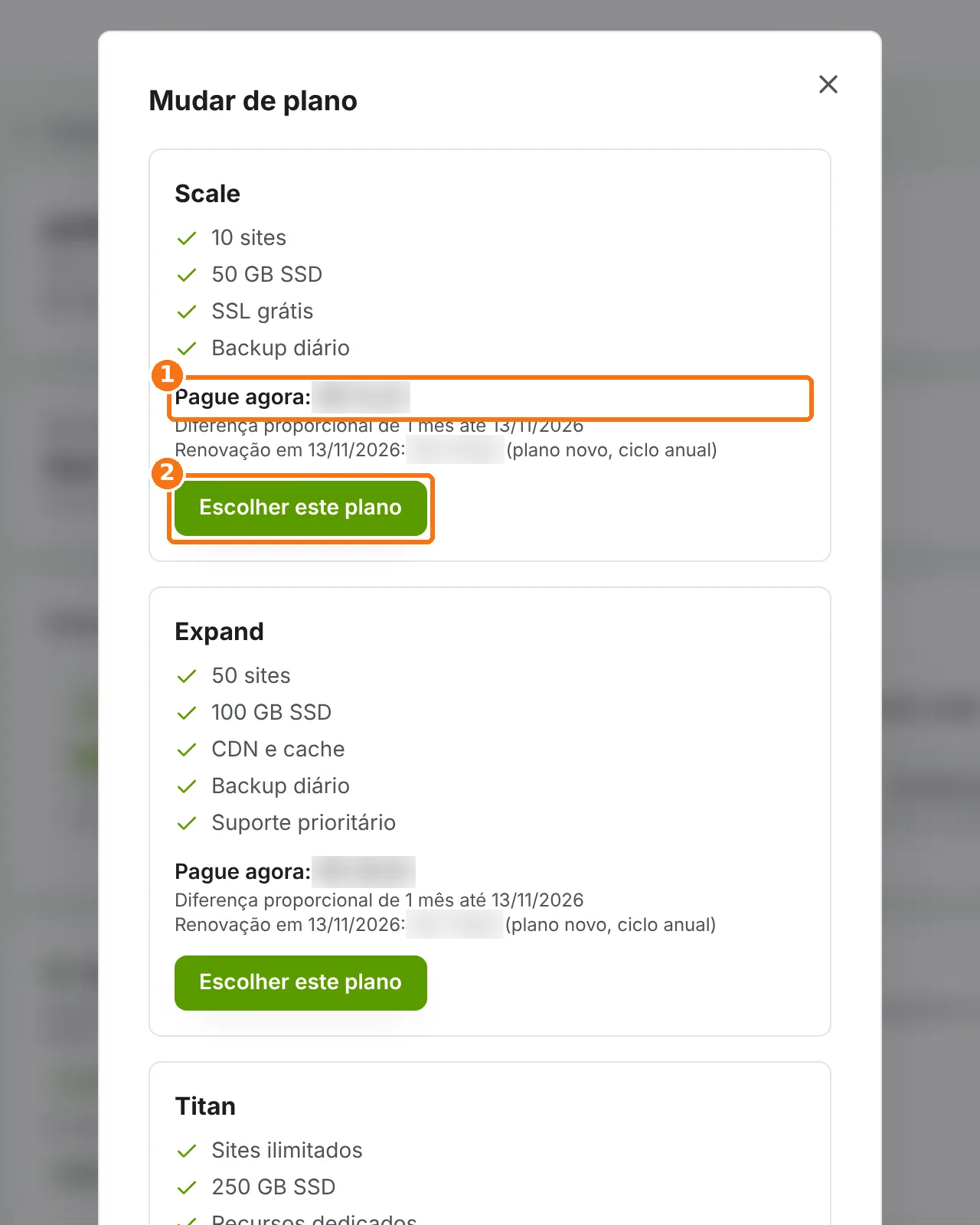 Janela Mudar de plano com o valor a pagar agora e o botão Escolher este plano destacados