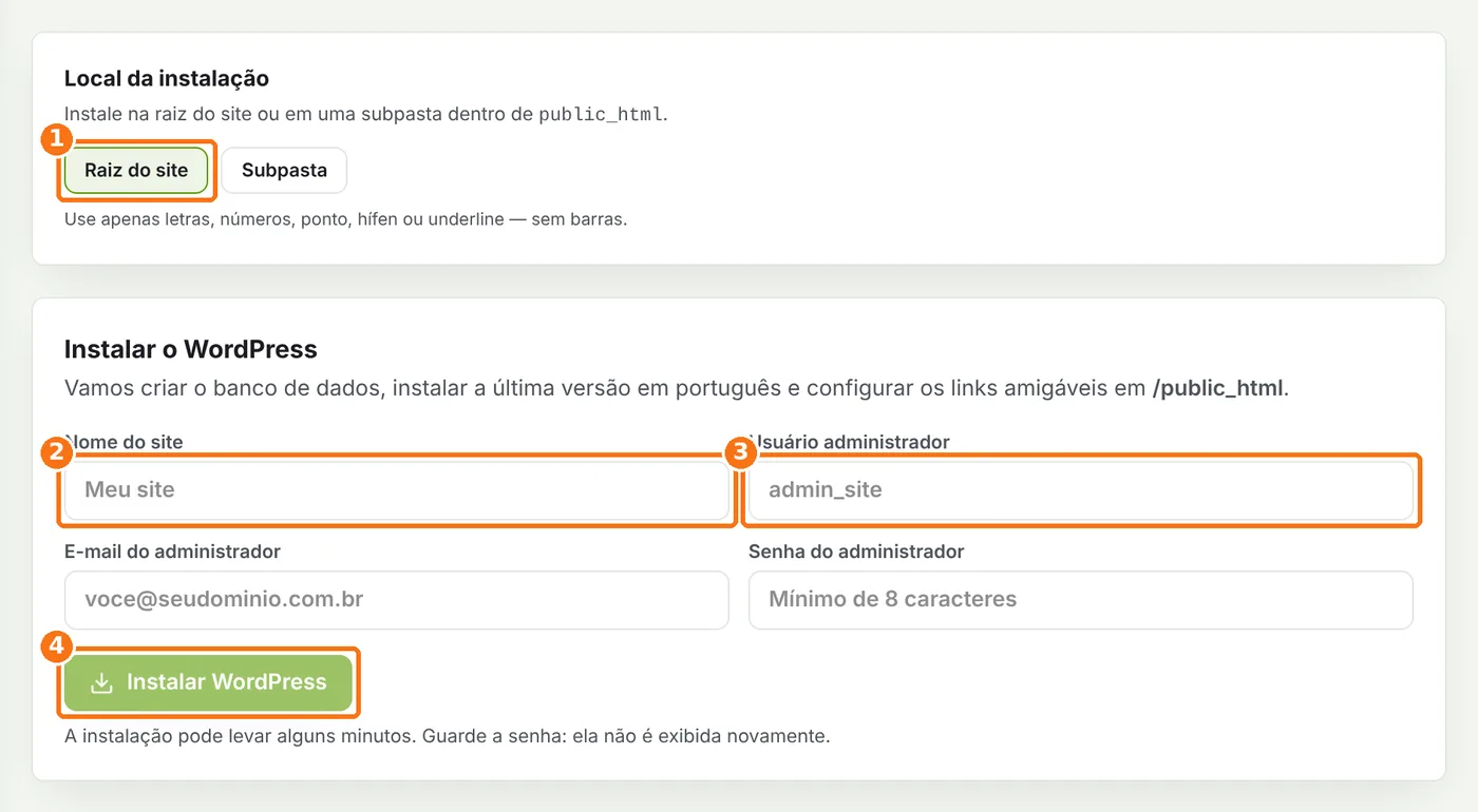 Formulário de instalação do WordPress com o local, nome do site, usuário e o botão Instalar destacados