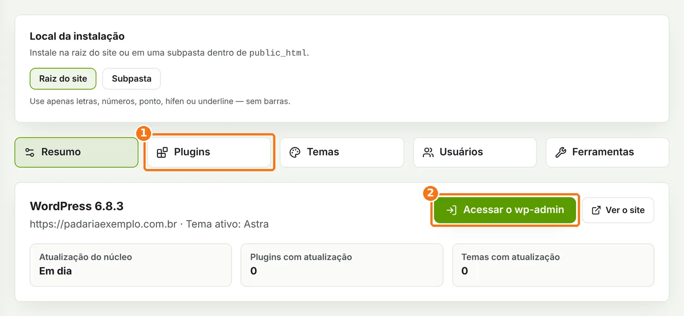 Resumo do WordPress com as abas e o botão Acessar o wp-admin destacados