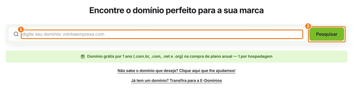 Campo de busca de domínios da página inicial com o botão Pesquisar destacado