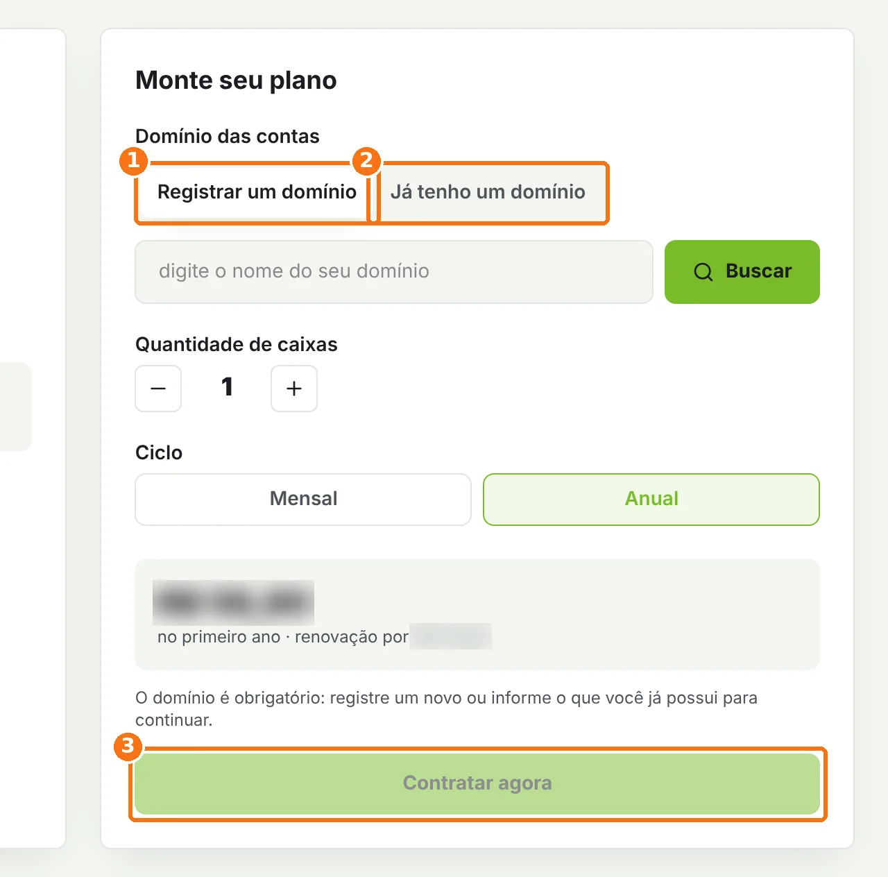 Bloco Monte seu plano com as opções de domínio e o botão Contratar agora destacados