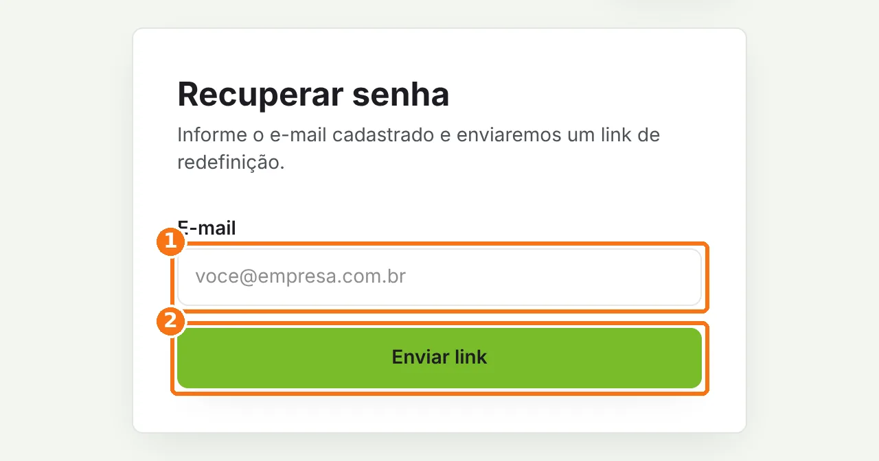 Tela Recuperar senha com o campo de e-mail e o botão Enviar link destacados