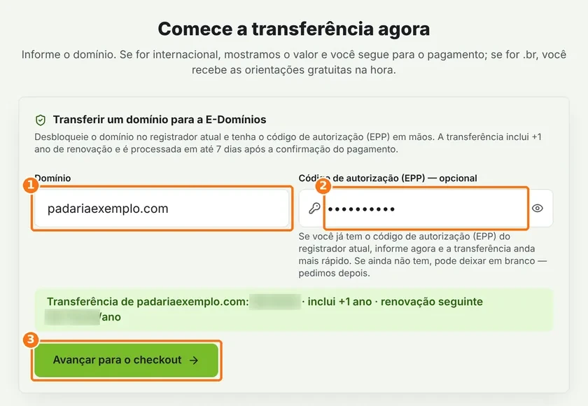 Formulário de transferência com os campos de domínio e chave EPP e o botão Avançar para o checkout destacados