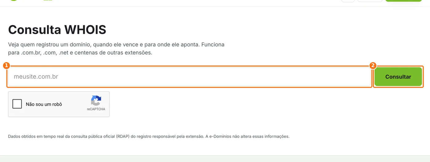 Página Consulta WHOIS com o campo de domínio e o botão Consultar destacados